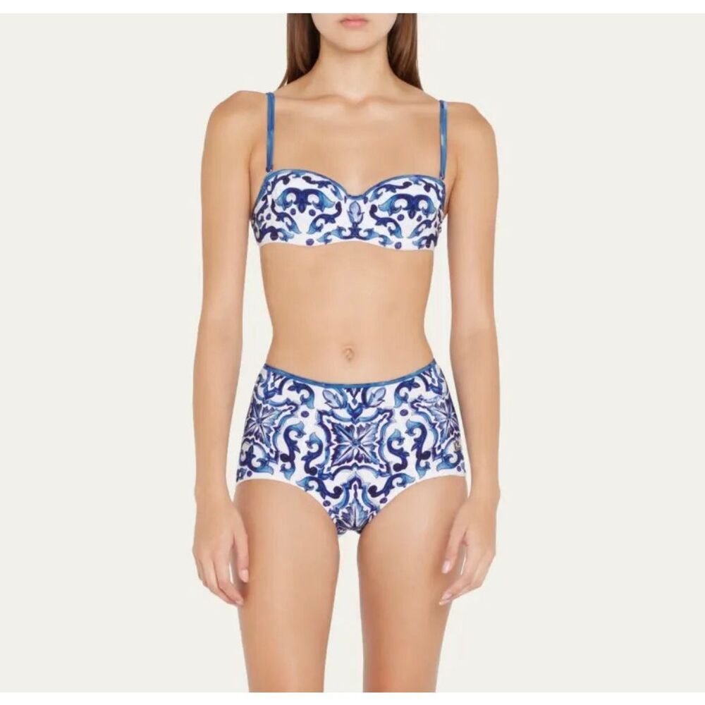 NWT Bikini Majolica-print High Waisted Swim Suit White Blue Citrus Baroque Large